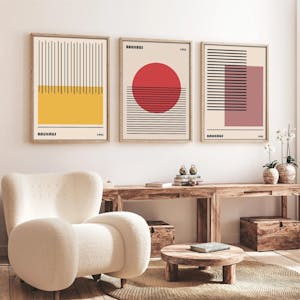 Tableau abstrait – style Bauhaus, cadre bois (lot de 3)